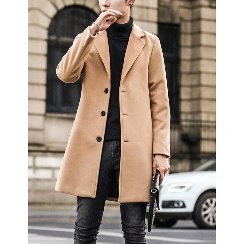 Men's Khaki Wool Blend Pea Coat Notched Collar Breasted Winter Trench Coat - Picture 8 of 8